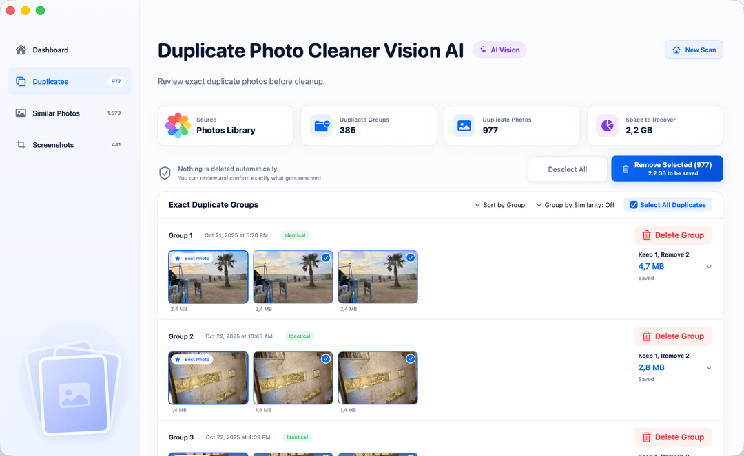 Vision AI: Photo Cleaner duplicate groups