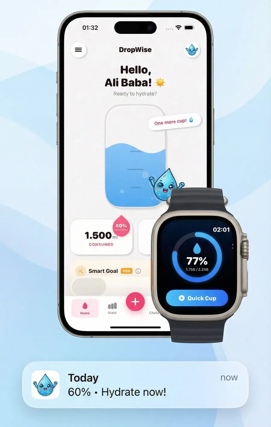 Water Reminder DropWise, iPhone and Apple Watch