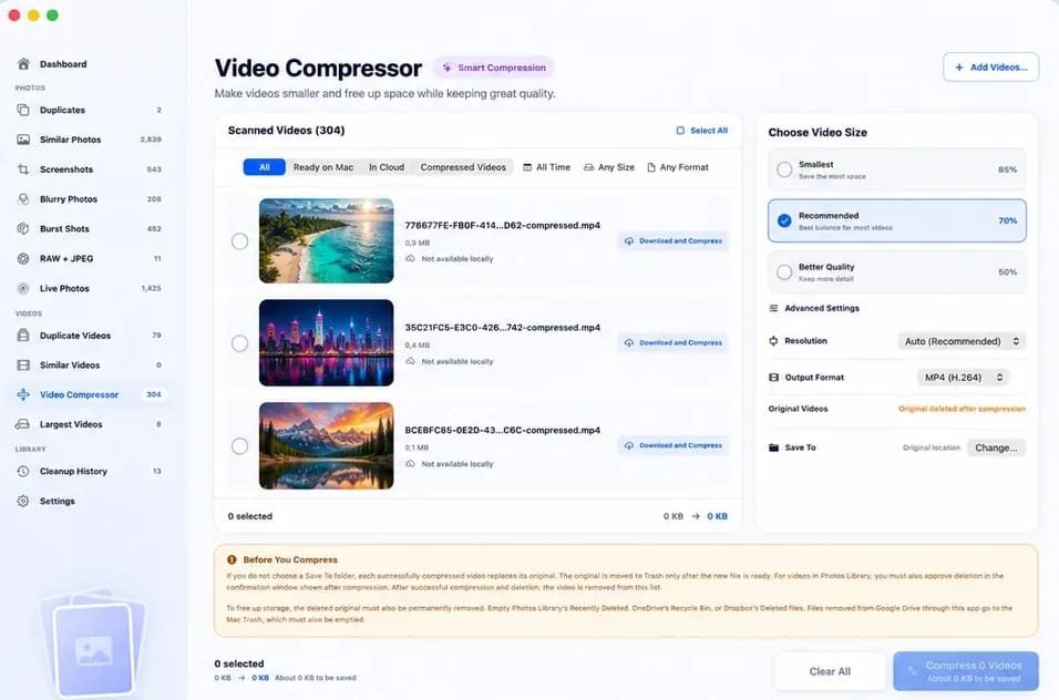 Vision AI: Photo Cleaner: Video compression for large clips